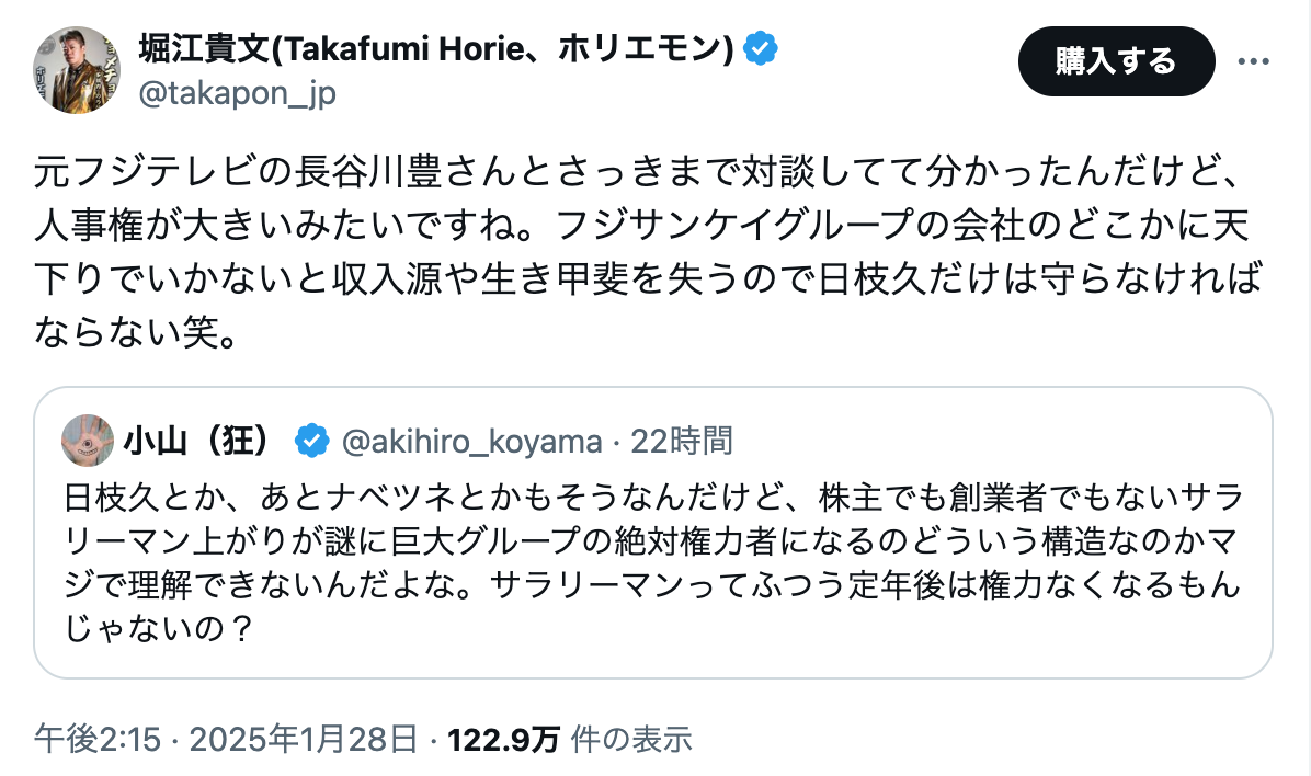 日枝久　3大タブー　堀江貴文　コネ入社　人事権　クーデター